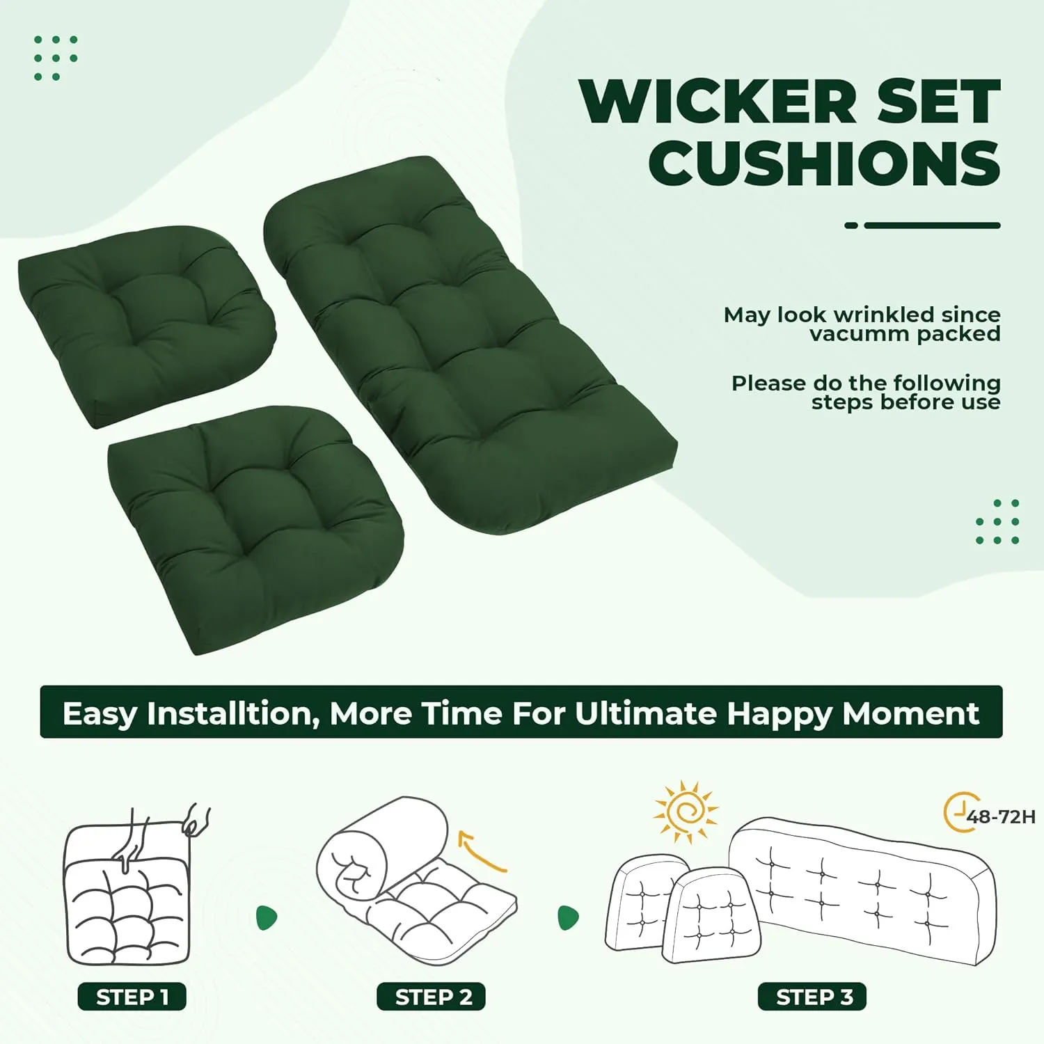 Wicker Chair Cushions, Waterproof Outdoor Loveseat Cushions for Patio Furniture, 3 Pieces Wicker Furniture Cushions, 1 Loveseat and 2 U-Shaped Cushions, Green