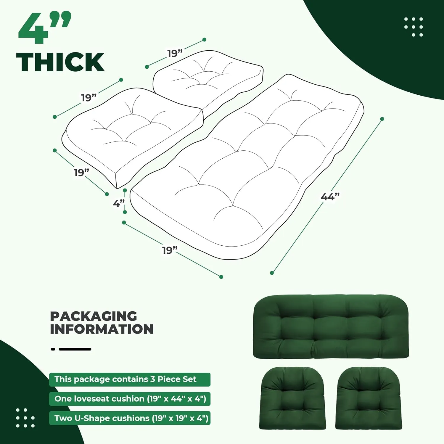 Wicker Chair Cushions, Waterproof Outdoor Loveseat Cushions for Patio Furniture, 3 Pieces Wicker Furniture Cushions, 1 Loveseat and 2 U-Shaped Cushions, Green
