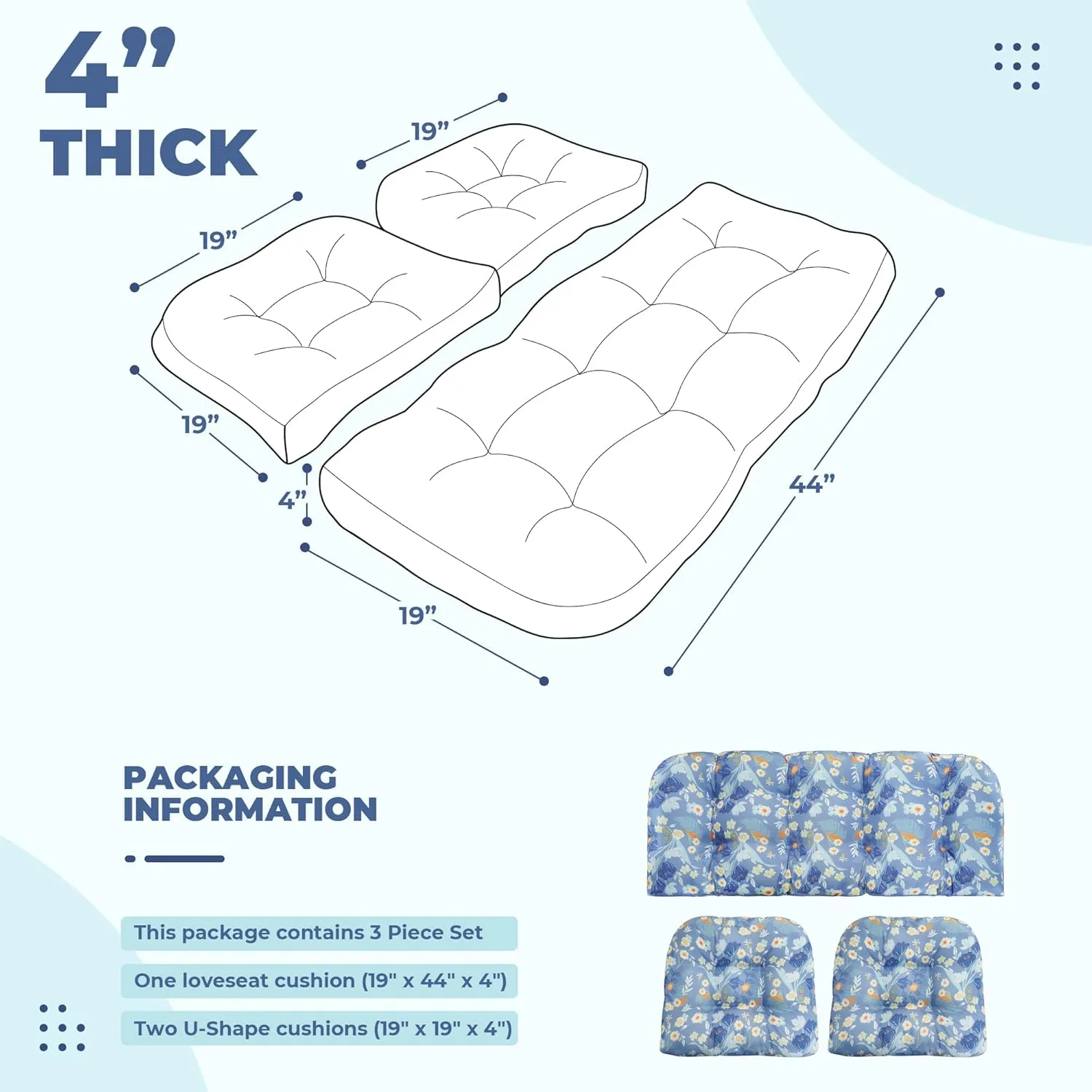 Wicker Chair Cushions, Waterproof Outdoor Loveseat Cushions for Patio Furniture, Tufted Wicker Furniture Cushions, 1 Loveseat and 2 U-Shaped Cushions (Blue Floral)