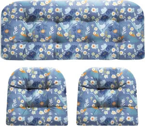 Wicker Chair Cushions, Waterproof Outdoor Loveseat Cushions for Patio Furniture, Tufted Wicker Furniture Cushions, 1 Loveseat and 2 U-Shaped Cushions (Blue Floral)