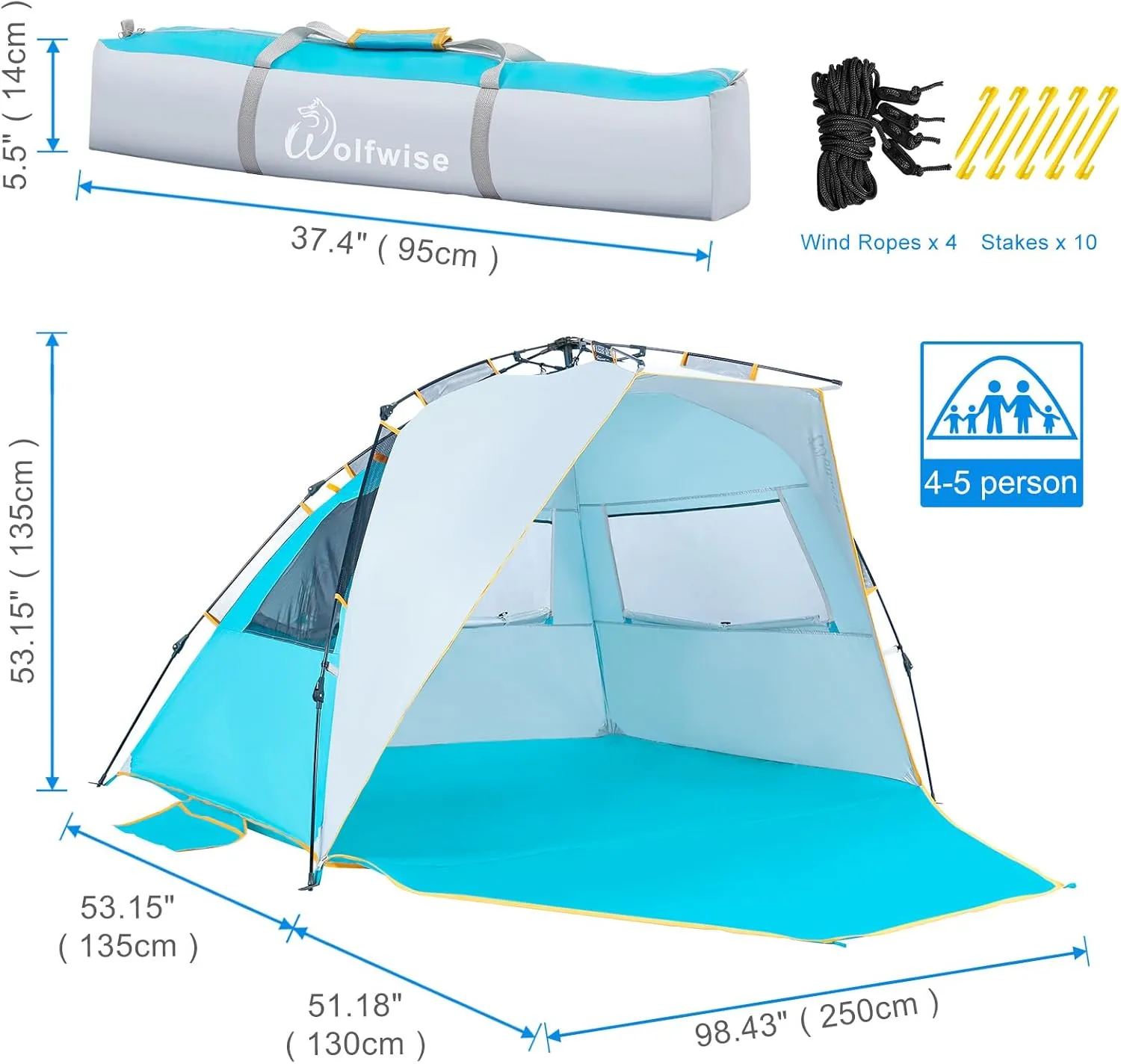 WolfWise 4-5 Person Easy Up Beach Tent UPF 50  Portable Instant Sun Shelter Canopy Umbrella with Extended Zippered Porch, Blue