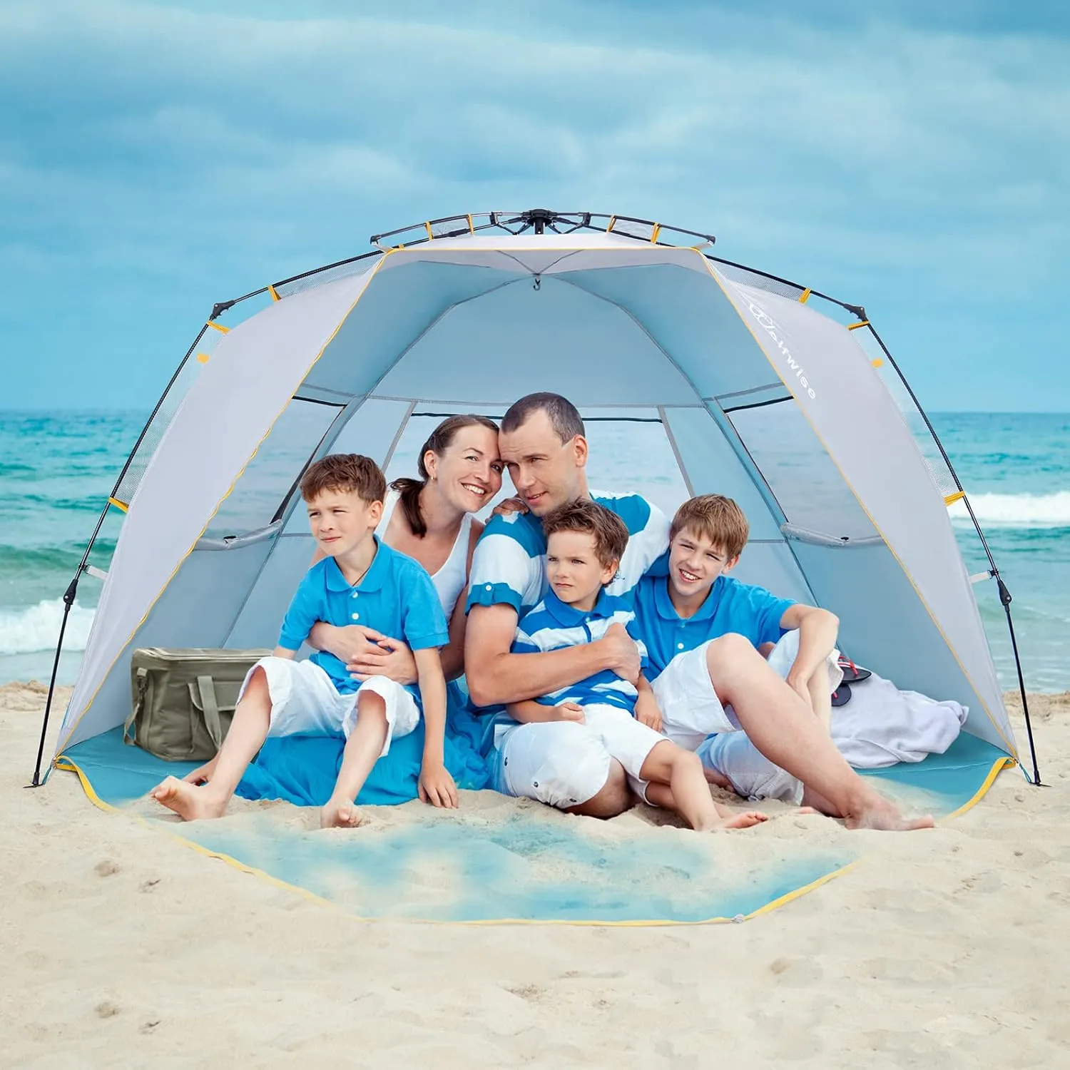WolfWise 4-5 Person Easy Up Beach Tent UPF 50  Portable Instant Sun Shelter Canopy Umbrella with Extended Zippered Porch, Blue