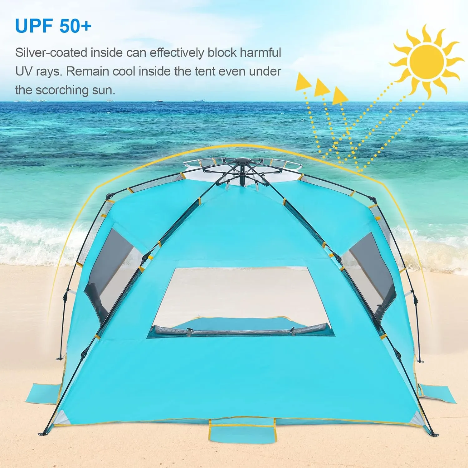 WolfWise 4-5 Person Easy Up Beach Tent UPF 50  Portable Instant Sun Shelter Canopy Umbrella with Extended Zippered Porch, Blue