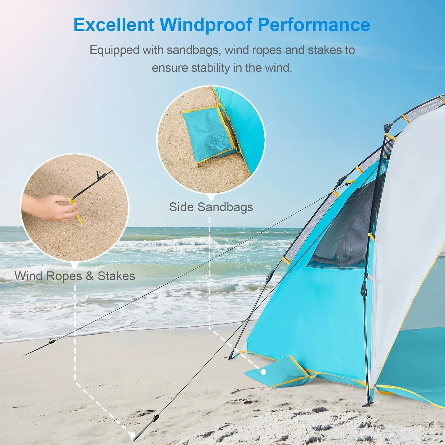 WolfWise 4-5 Person Easy Up Beach Tent UPF 50  Portable Instant Sun Shelter Canopy Umbrella with Extended Zippered Porch, Blue