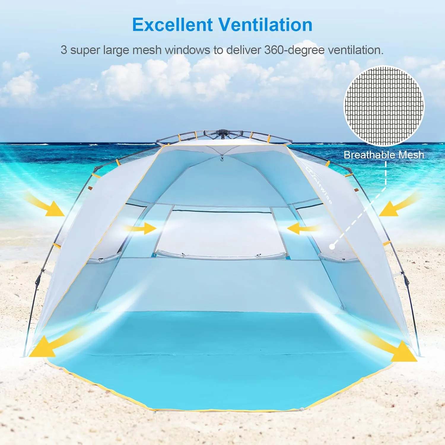 WolfWise 4-5 Person Easy Up Beach Tent UPF 50  Portable Instant Sun Shelter Canopy Umbrella with Extended Zippered Porch, Blue
