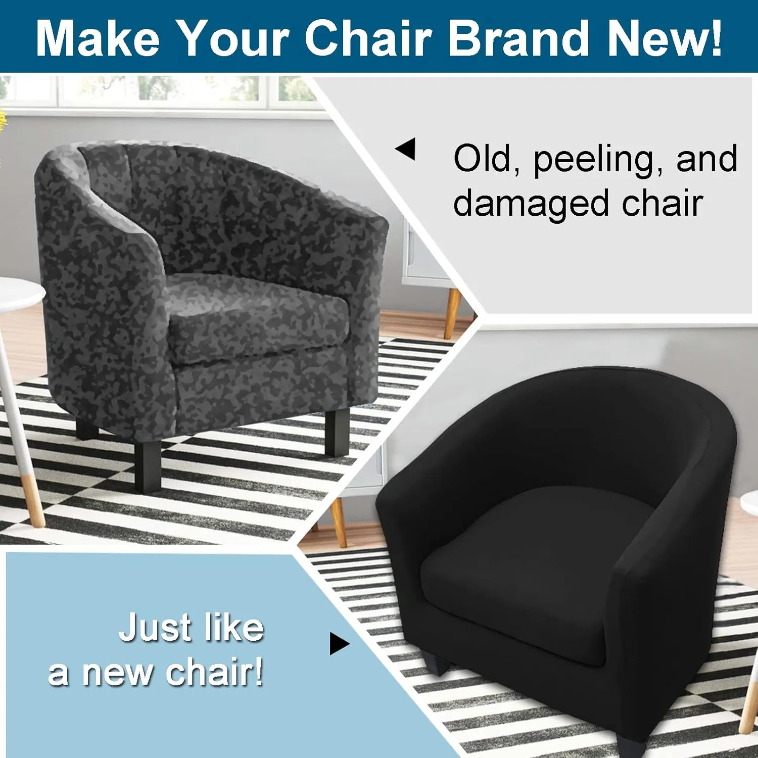 WOMACO 2 Pieces Club Chair Slipcover Printed Stretch Armchair Tub Round Barrel Swivel Chair Covers withc Cushion Cover Elastic Bottom Sofa Furniture Protector for Tullsta (2, Black)