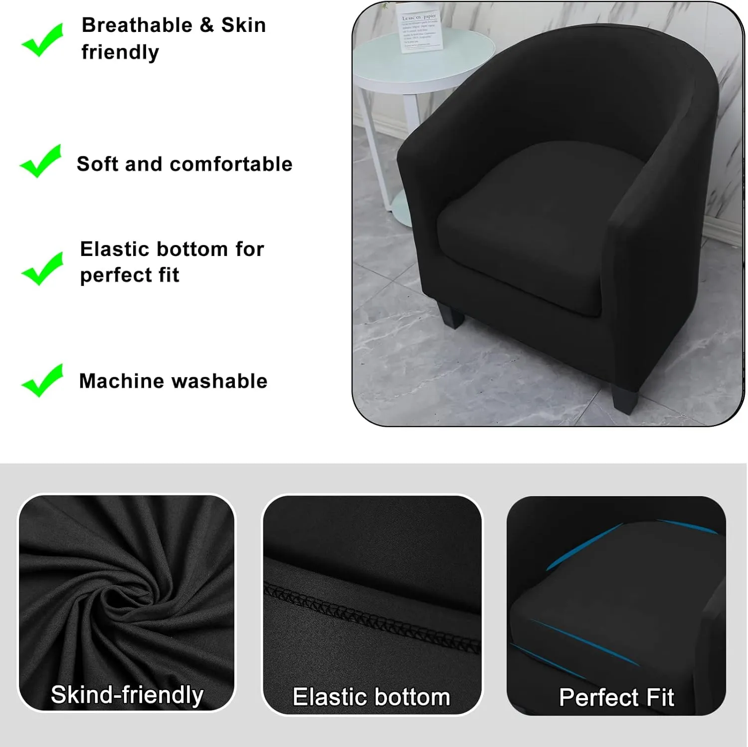 WOMACO 2 Pieces Club Chair Slipcover Printed Stretch Armchair Tub Round Barrel Swivel Chair Covers withc Cushion Cover Elastic Bottom Sofa Furniture Protector for Tullsta (2, Black)