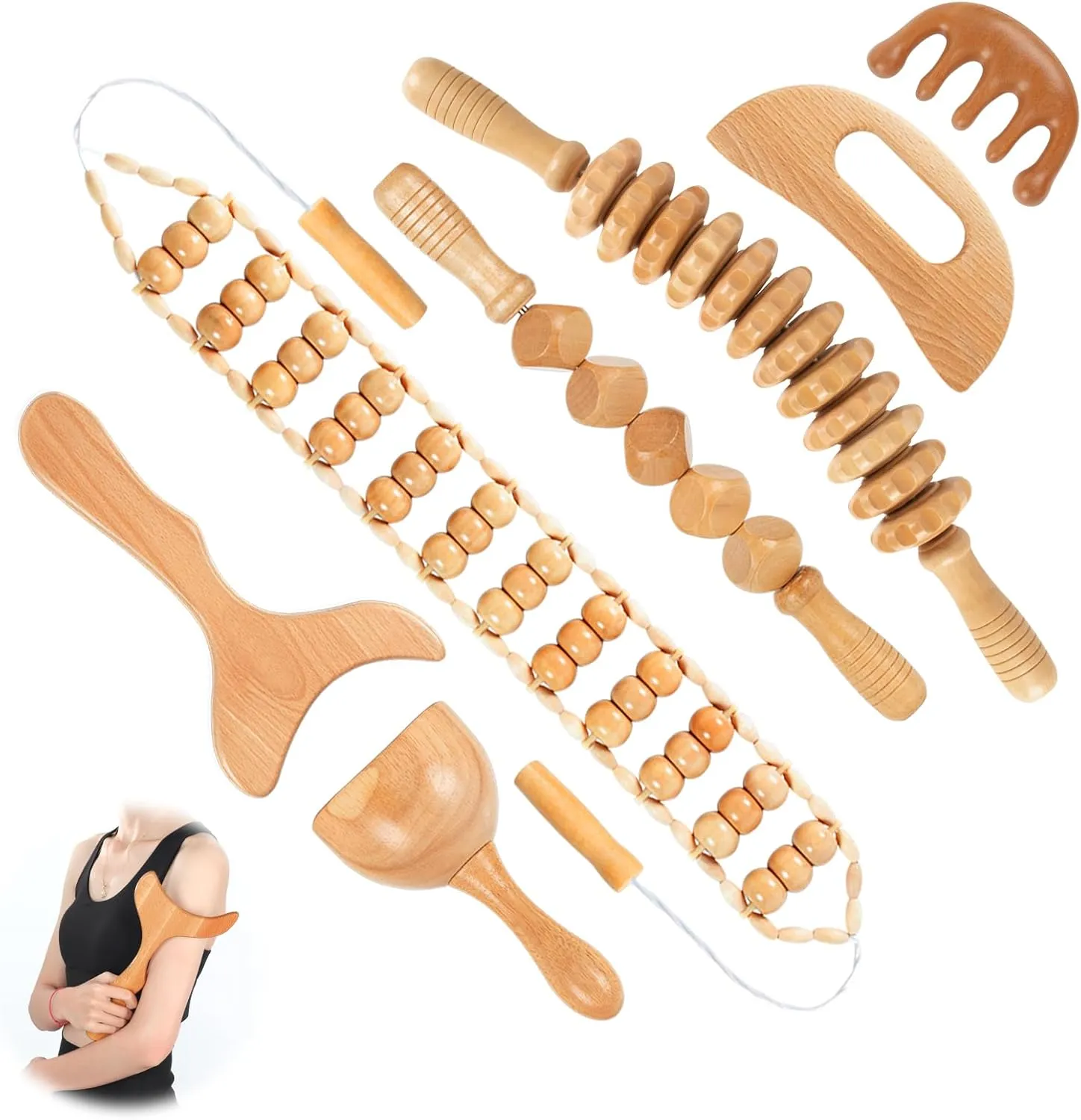 Wood Therapy Massage Tools 7-in-1, Wooden Lymphatic Drainage Massager Body Cellulite Massage Tool, Maderoterapia Kit Cellulite Massager for Body Sculpting,Contouring,Relief Muscle