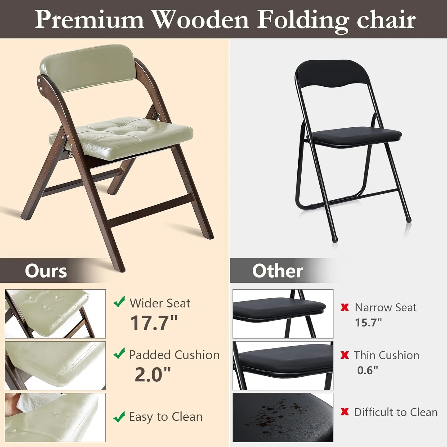 Wooden Folding Chairs Set of 2, Folding Chairs with Padded Seats, 31" Stackable Folding Dining Chairs, Folding Extra Chair for Banquet Room, Bedroom, Party Chairs, Walnut Khaki