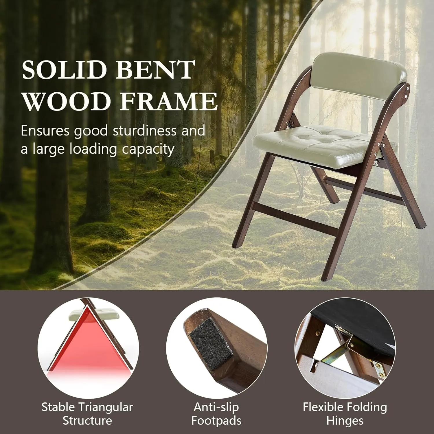 Wooden Folding Chairs Set of 2, Folding Chairs with Padded Seats, 31" Stackable Folding Dining Chairs, Folding Extra Chair for Banquet Room, Bedroom, Party Chairs, Walnut Khaki