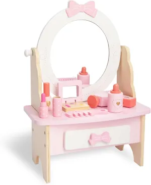 Wooden Vanity Set for Kids, Pretend Play Toddler Makeup Vanity Table Toys with 360° Rotatable Mirror, Beauty Salon Set Includes Makeup Accessories, Little Girls Gift Age 3  (White)