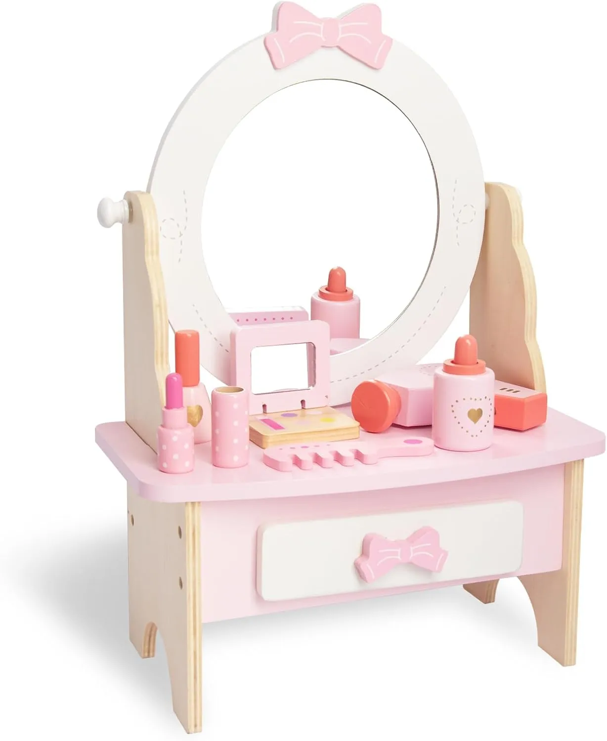 Wooden Vanity Set for Kids, Pretend Play Toddler Makeup Vanity Table Toys with 360° Rotatable Mirror, Beauty Salon Set Includes Makeup Accessories, Little Girls Gift Age 3  (White)