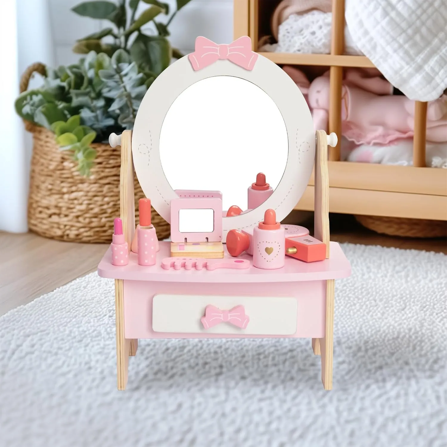Wooden Vanity Set for Kids, Pretend Play Toddler Makeup Vanity Table Toys with 360° Rotatable Mirror, Beauty Salon Set Includes Makeup Accessories, Little Girls Gift Age 3  (White)