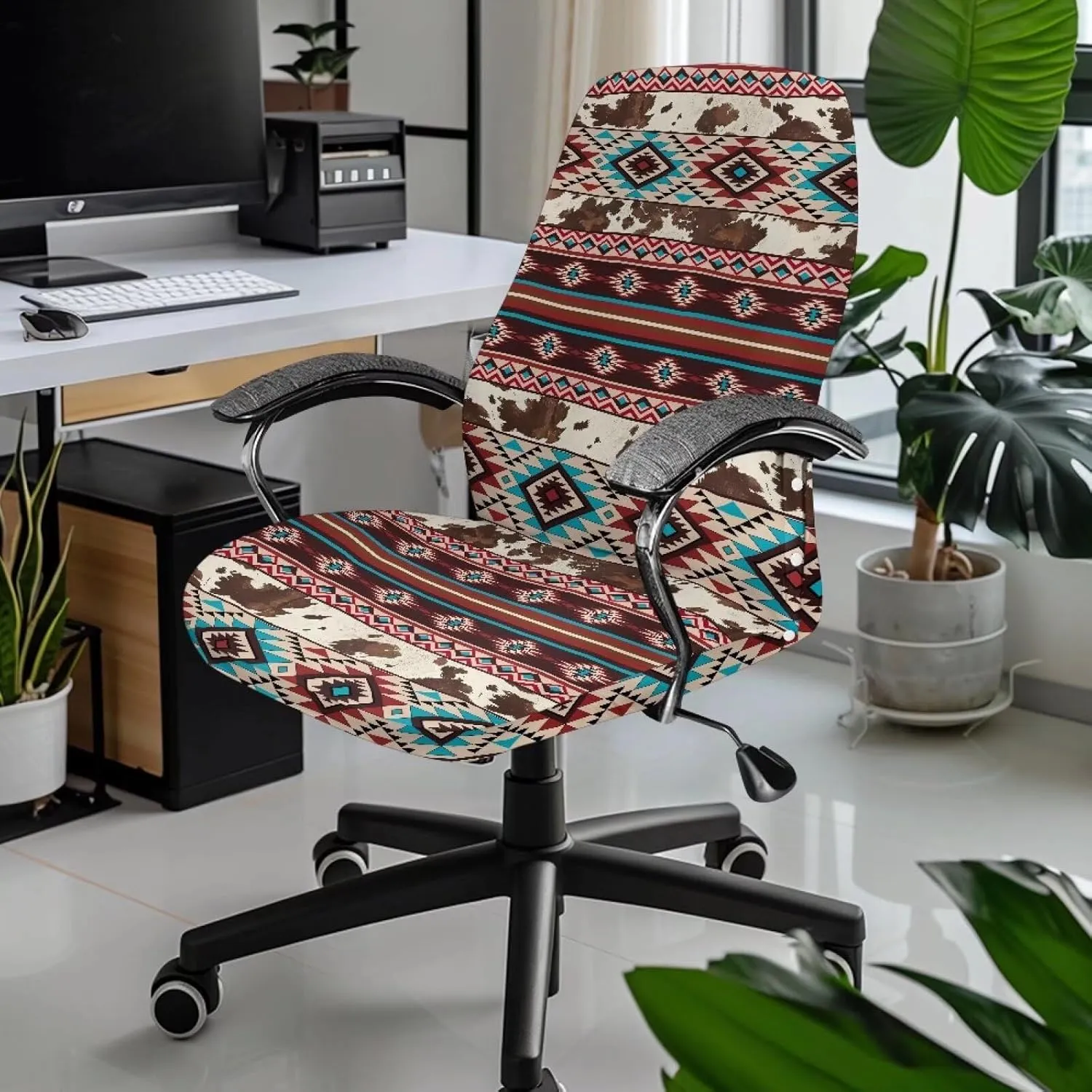Xoenoiee Aztec Cowhide Geometric Pattern Office Chair Covers Computer Universal Stretchable Chair Covers Desk Chair Armrest Covers High Back Slipcovers for Rotating Chairs, Large