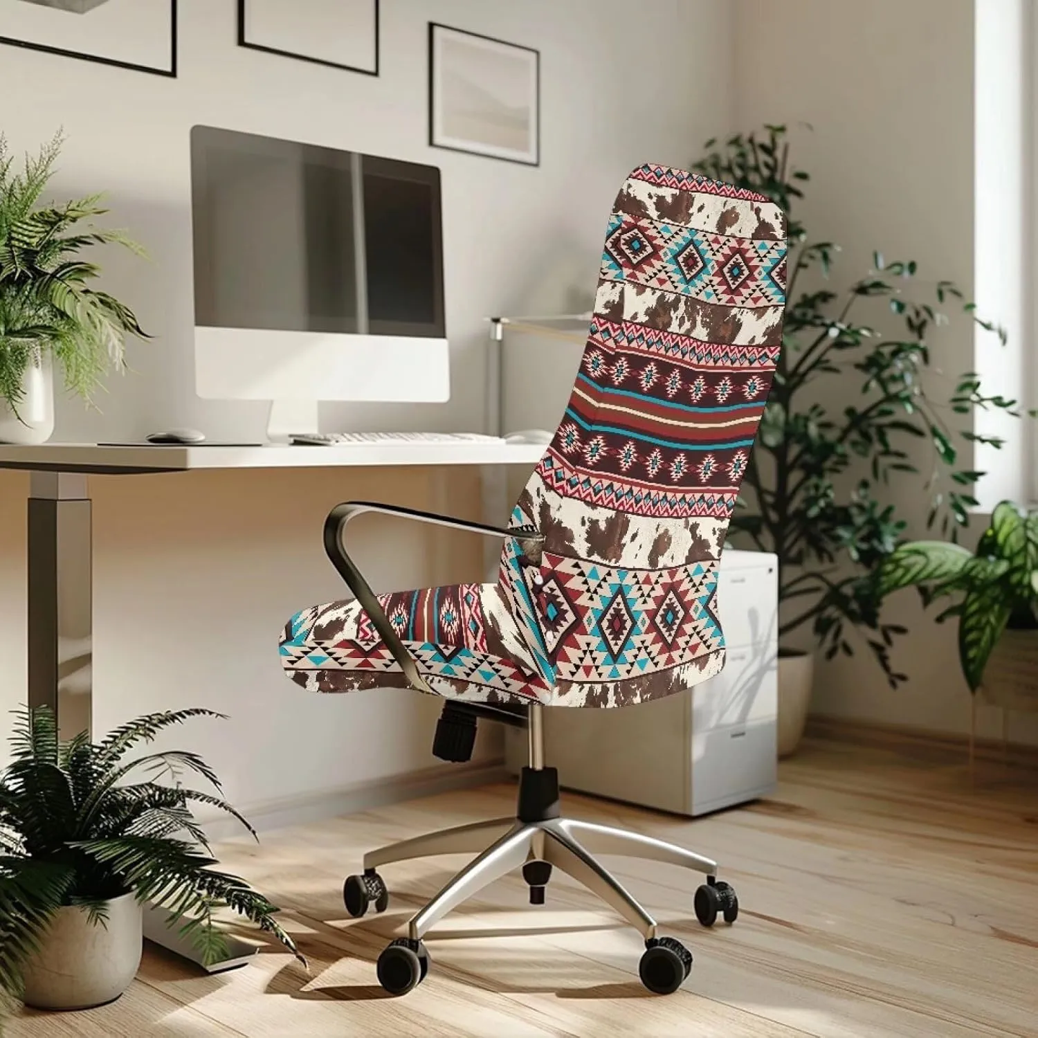 Xoenoiee Aztec Cowhide Geometric Pattern Office Chair Covers Computer Universal Stretchable Chair Covers Desk Chair Armrest Covers High Back Slipcovers for Rotating Chairs, Large