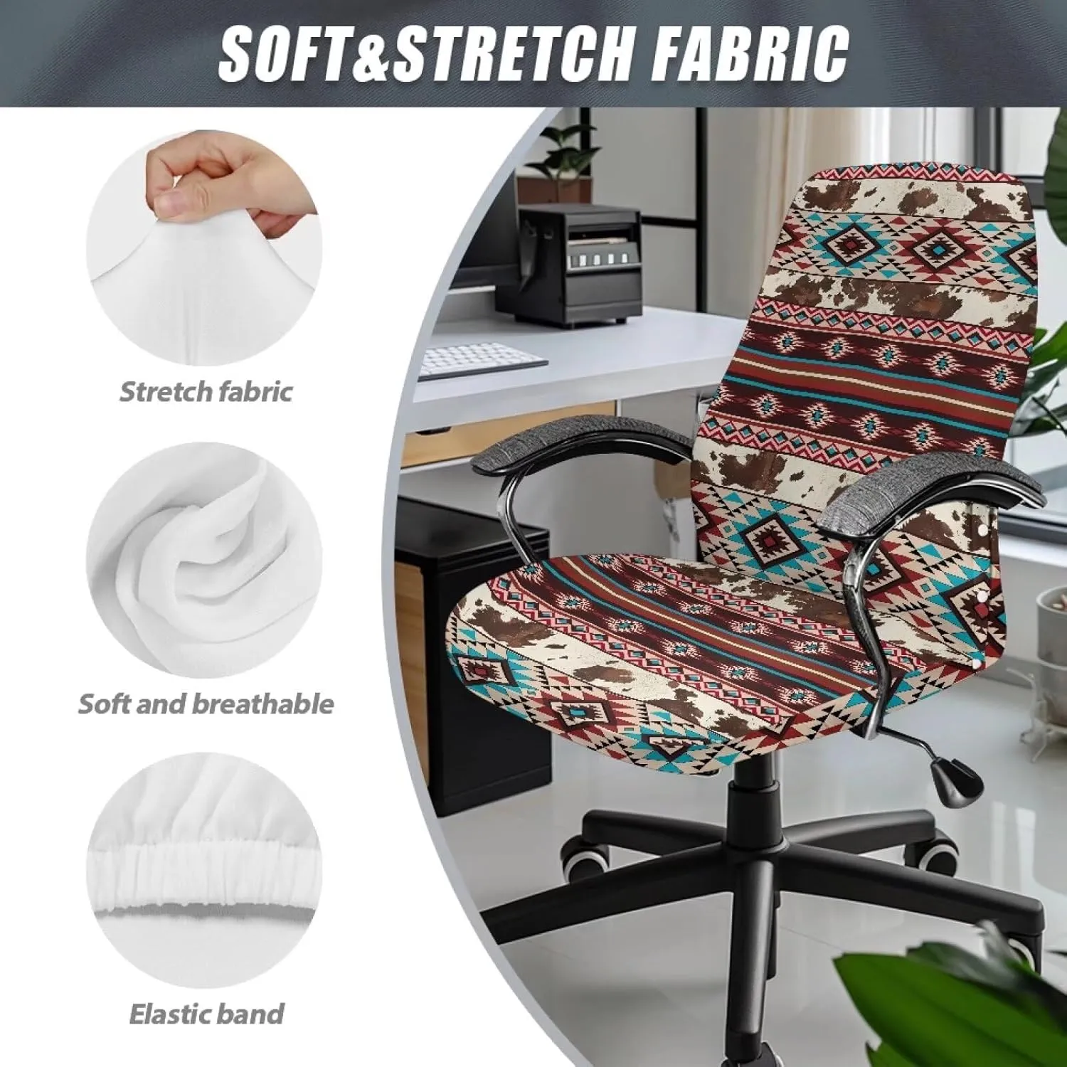 Xoenoiee Aztec Cowhide Geometric Pattern Office Chair Covers Computer Universal Stretchable Chair Covers Desk Chair Armrest Covers High Back Slipcovers for Rotating Chairs, Large