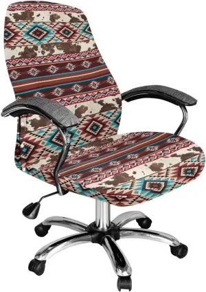 Xoenoiee Aztec Cowhide Geometric Pattern Office Chair Covers Computer Universal Stretchable Chair Covers Desk Chair Armrest Covers High Back Slipcovers for Rotating Chairs, Large