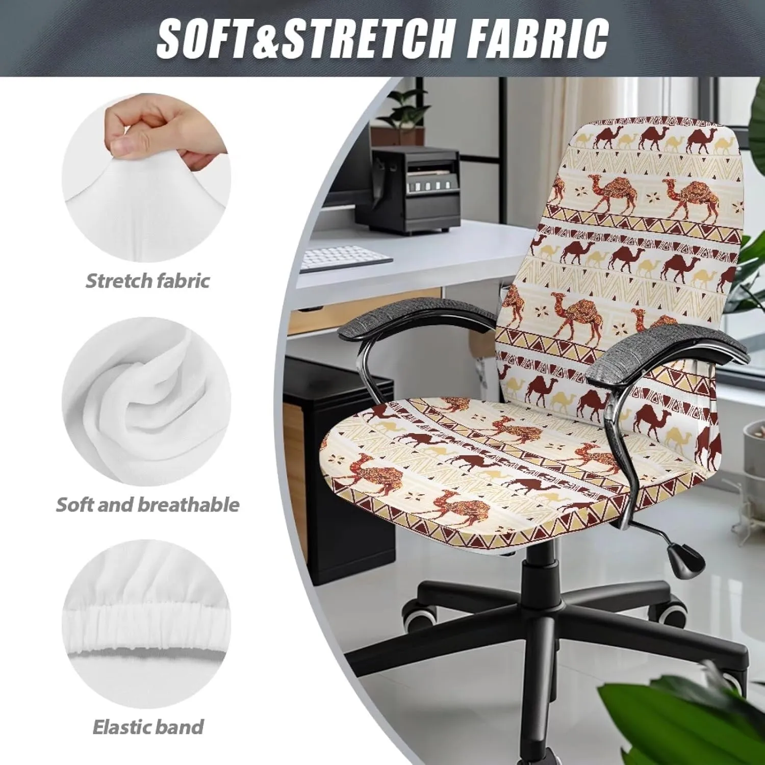 Xoenoiee Aztec Tribe Camel Pattern Office Chair Covers Computer Universal Stretchable Chair Covers Desk Chair Armrest Covers High Back Slipcovers for Rotating Chairs, Large