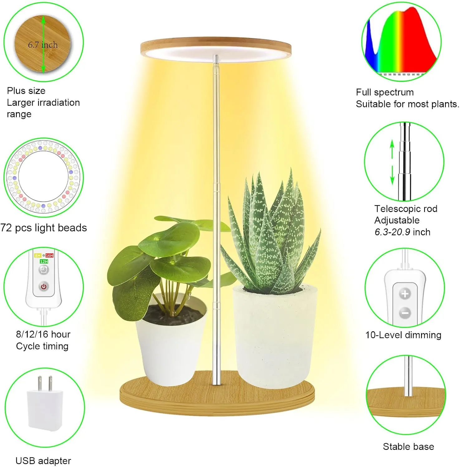 yadoker Plant Grow Light for Indoor Plant,Bamboo Mini LED Grow Light Garden,Height Adjustable,Automatic Timer with 8/12/16 Hours