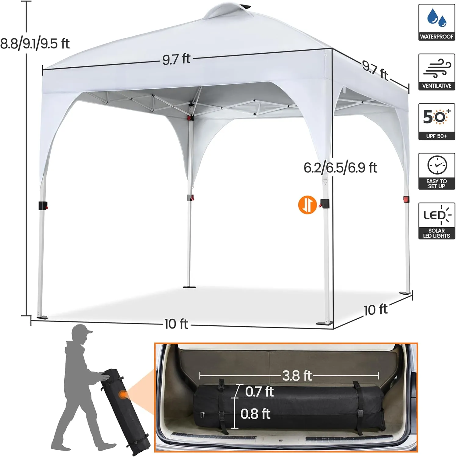 Yaheetech 10x10ft Pop-Up Canopy Tent with 17 Solar LED Lights, Outdoor Garden Gazebo, Ez Set-up Instant Sun Shelter Tent w/Wheeled Bag, 4 Sandbags, Ropes & 12 Stakes for Parties, Beach, Camping, White