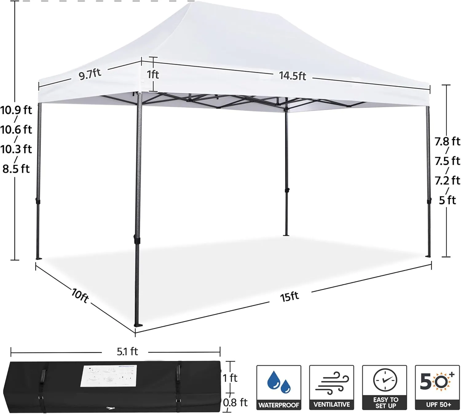 Yaheetech Heavy Duty Pop Up Canopy Tent, 10x15 Commercial Instant Shelter Tent, Outdoor Adjustable Canopy with Wheeled Bag, 4 Sandbags & 8 Stakes, White
