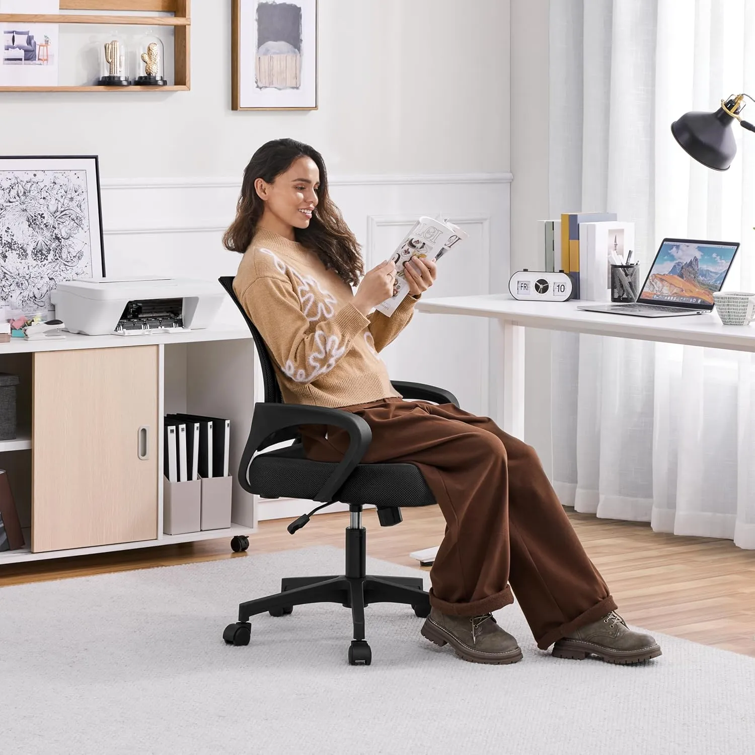 Yaheetech Mid-Back Mesh Office Chair Adjustable Ergonomic Computer Task Chair Swivel Rolling with Lumbar Support Armrest for Home Office Work Study, Black