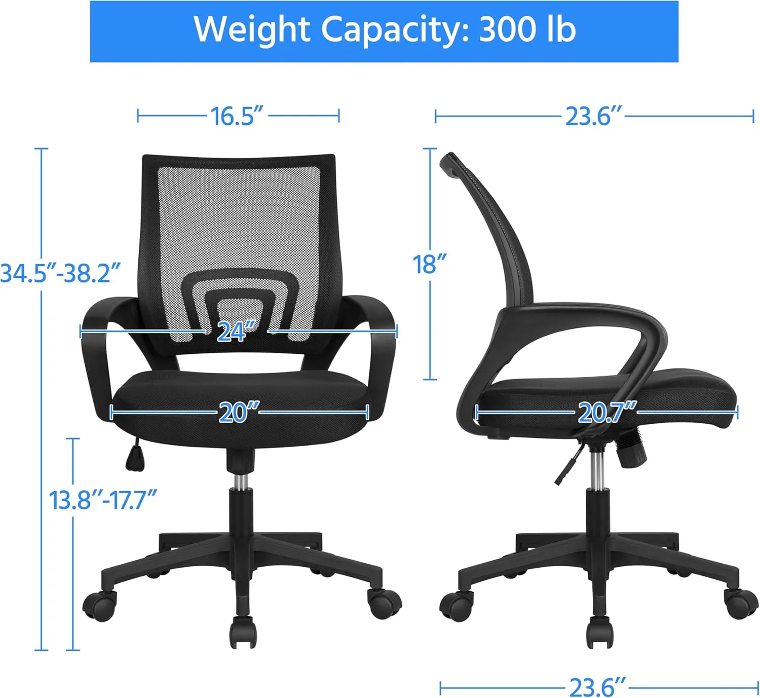 Yaheetech Mid-Back Mesh Office Chair Adjustable Ergonomic Computer Task Chair Swivel Rolling with Lumbar Support Armrest for Home Office Work Study, Black