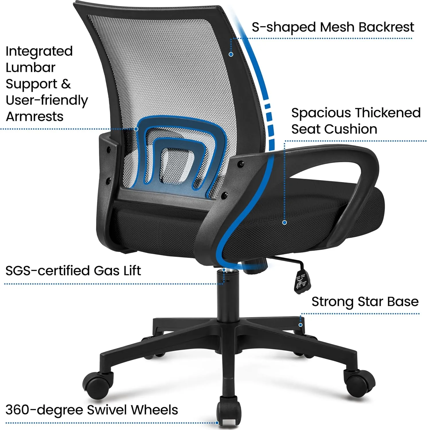 Yaheetech Mid-Back Mesh Office Chair Adjustable Ergonomic Computer Task Chair Swivel Rolling with Lumbar Support Armrest for Home Office Work Study, Black