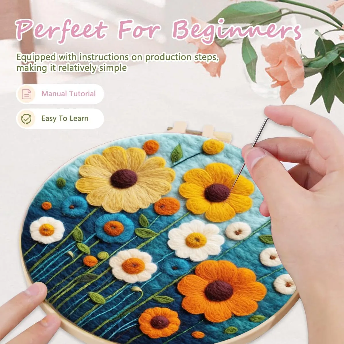 yesJRL Needle Felting Kits Beginners, Natural Landscape DIY Wool Needle Felting Starter Kit, Floral Needle Felt Set with Foam Pad, Felt Cloth and Instructions, Used for Home Decoration (Blue)