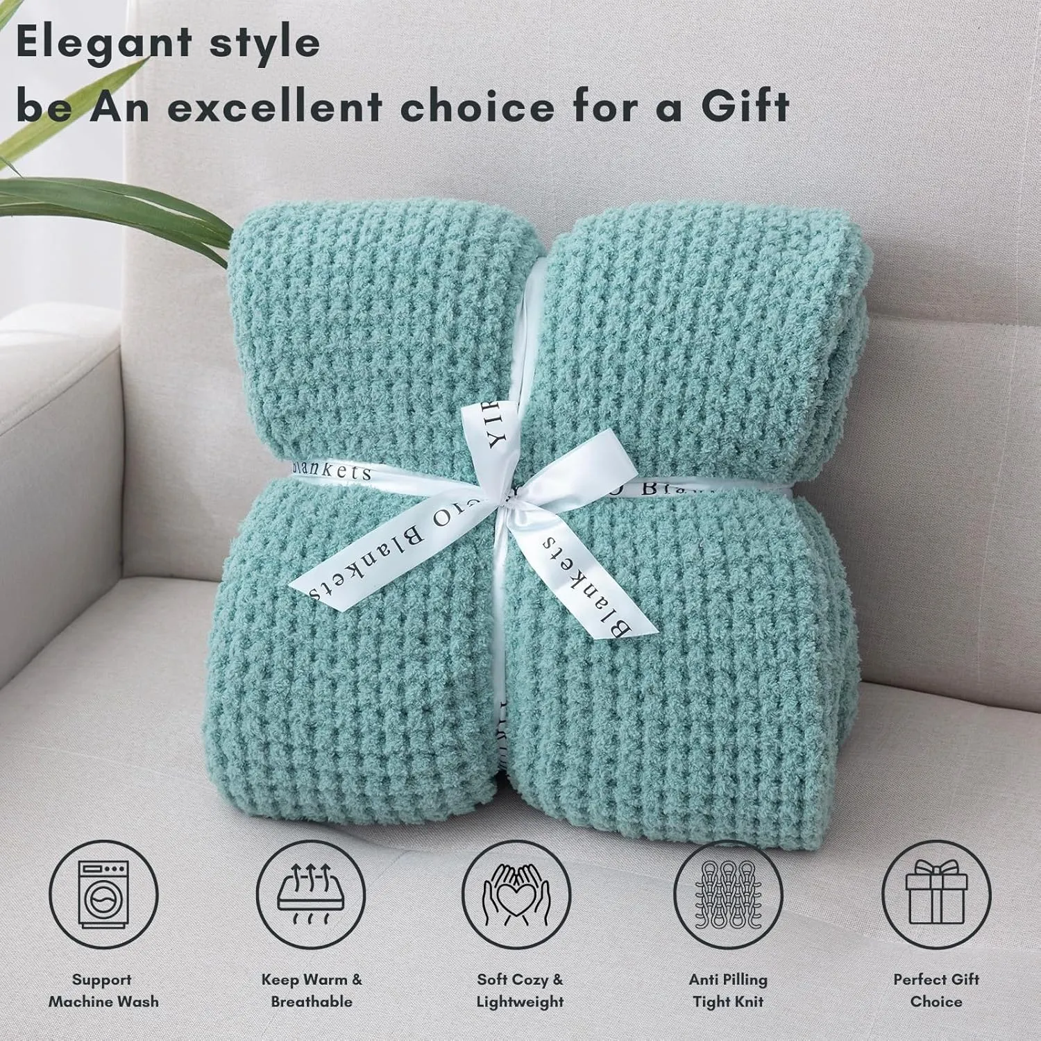 YIRUIO Microfiber Waffle Throw Blanket Weave Knit Super Soft Ultra Cozy Fuzzy Fluffy Warm for Living Room Bedroom Bedding Farmhouse (Sage Green, 51'' x 63'')
