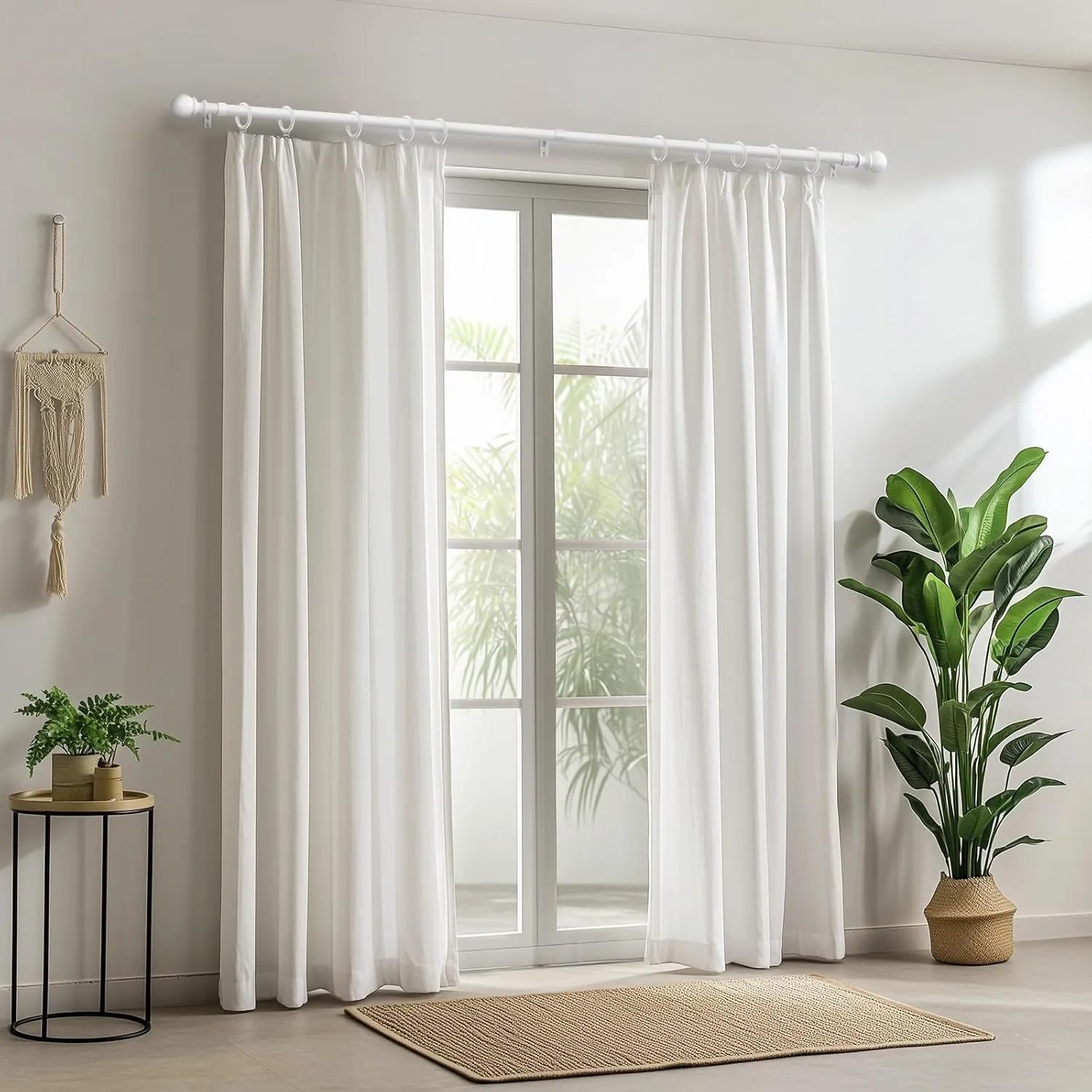 Zeerobee Curtain Rods for Windows 66 to 120, Adjustable Heavy Duty Wrap Around 1 Inch Curtain Rod, Outdoor Indoor Room Divider Modern Drapery Pole, White, 32-120"
