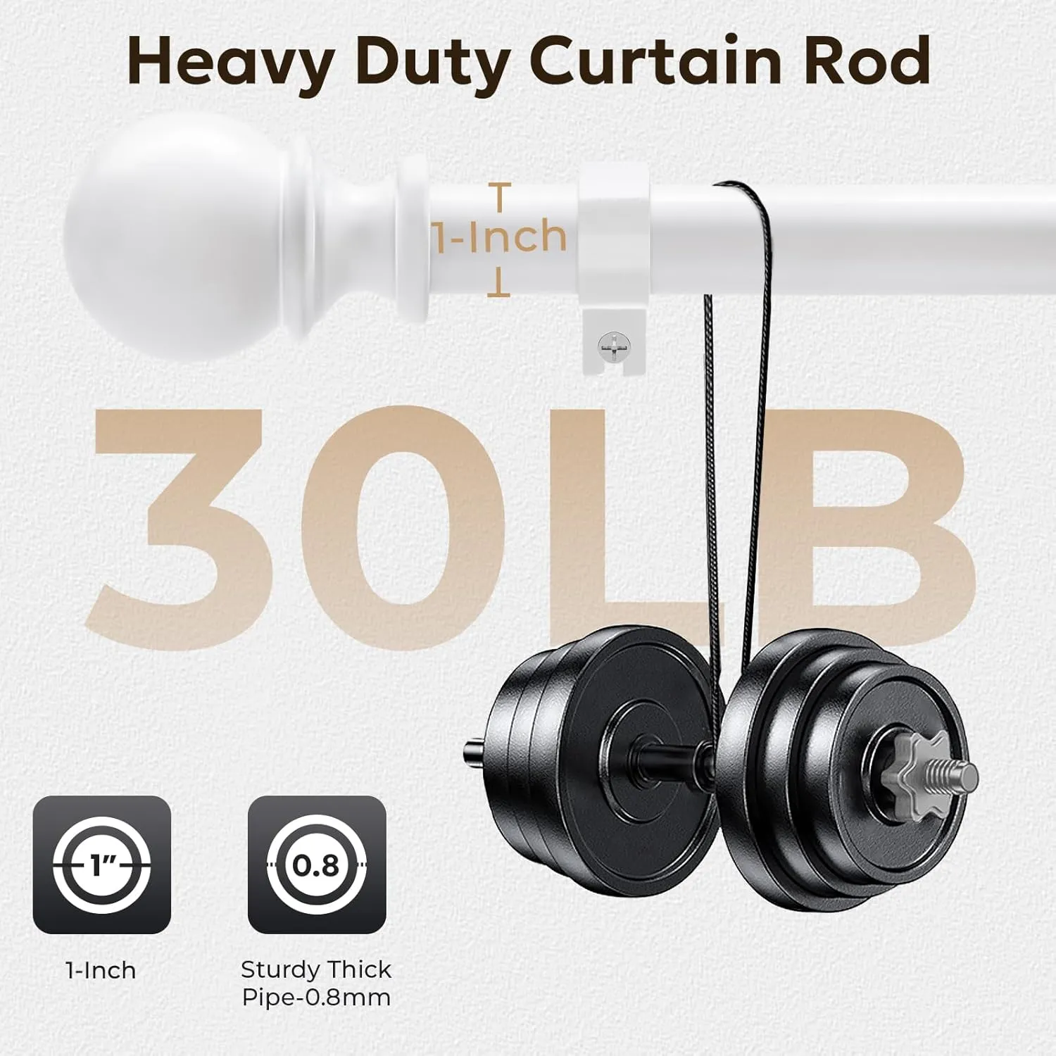 Zeerobee Curtain Rods for Windows 66 to 120, Adjustable Heavy Duty Wrap Around 1 Inch Curtain Rod, Outdoor Indoor Room Divider Modern Drapery Pole, White, 32-120"