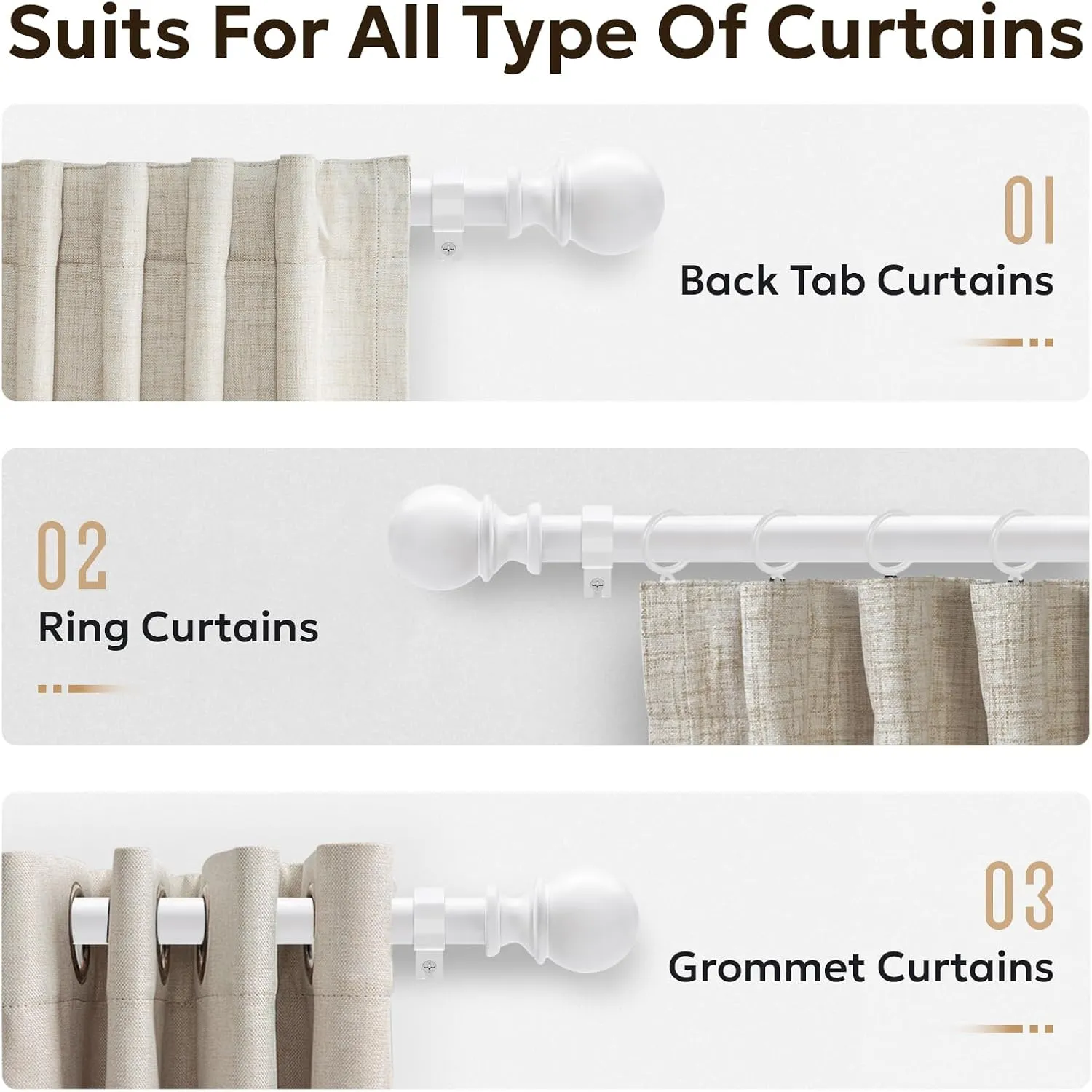 Zeerobee Curtain Rods for Windows 66 to 120, Adjustable Heavy Duty Wrap Around 1 Inch Curtain Rod, Outdoor Indoor Room Divider Modern Drapery Pole, White, 32-120"