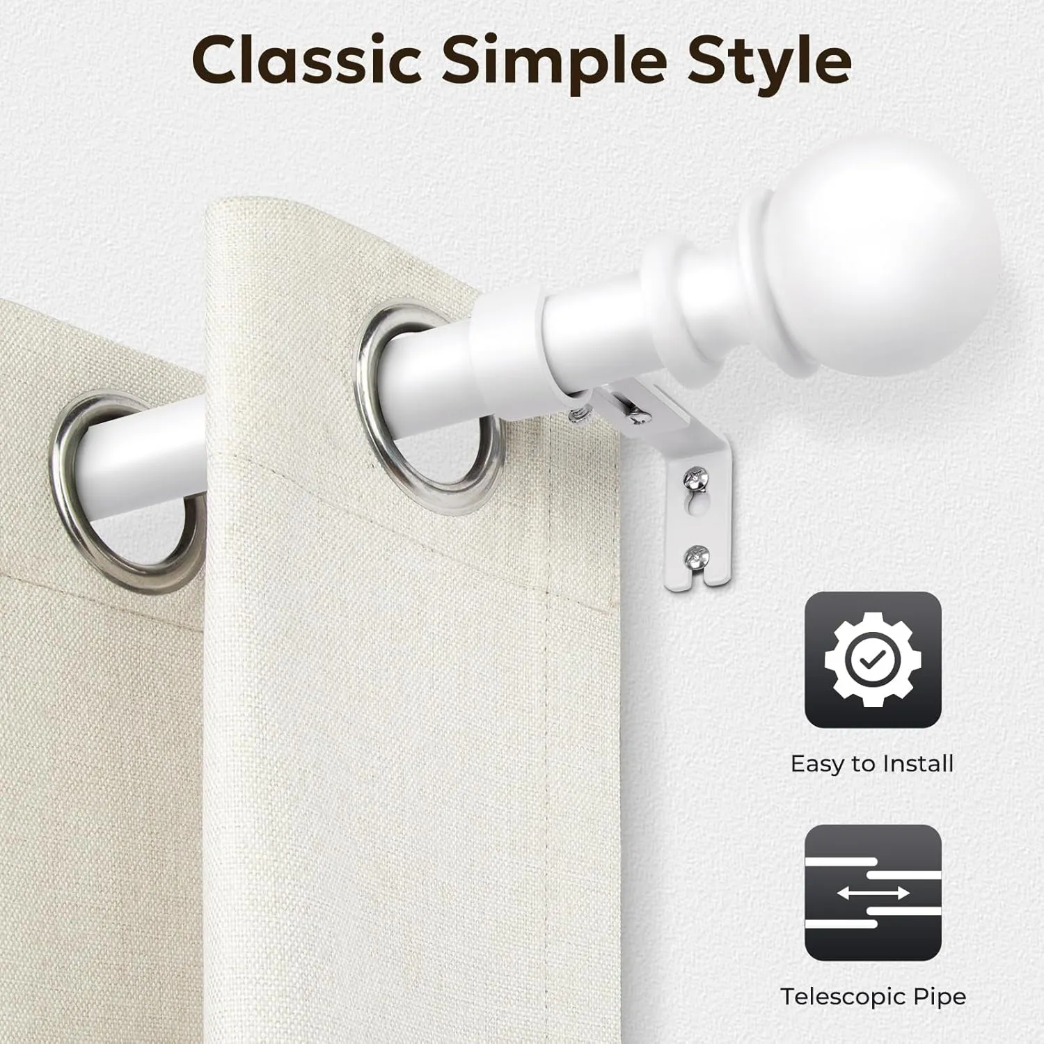 Zeerobee Curtain Rods for Windows 66 to 120, Adjustable Heavy Duty Wrap Around 1 Inch Curtain Rod, Outdoor Indoor Room Divider Modern Drapery Pole, White, 32-120"
