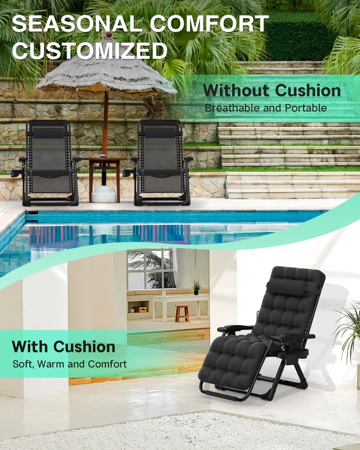 ZENPETIO Zero Gravity Lounge Chair, Foldable Outdoor Recliner with Detachable Cushion, Portable Anti Gravity Lounger for Camping, Patio, Poolside, Lawn - Black
