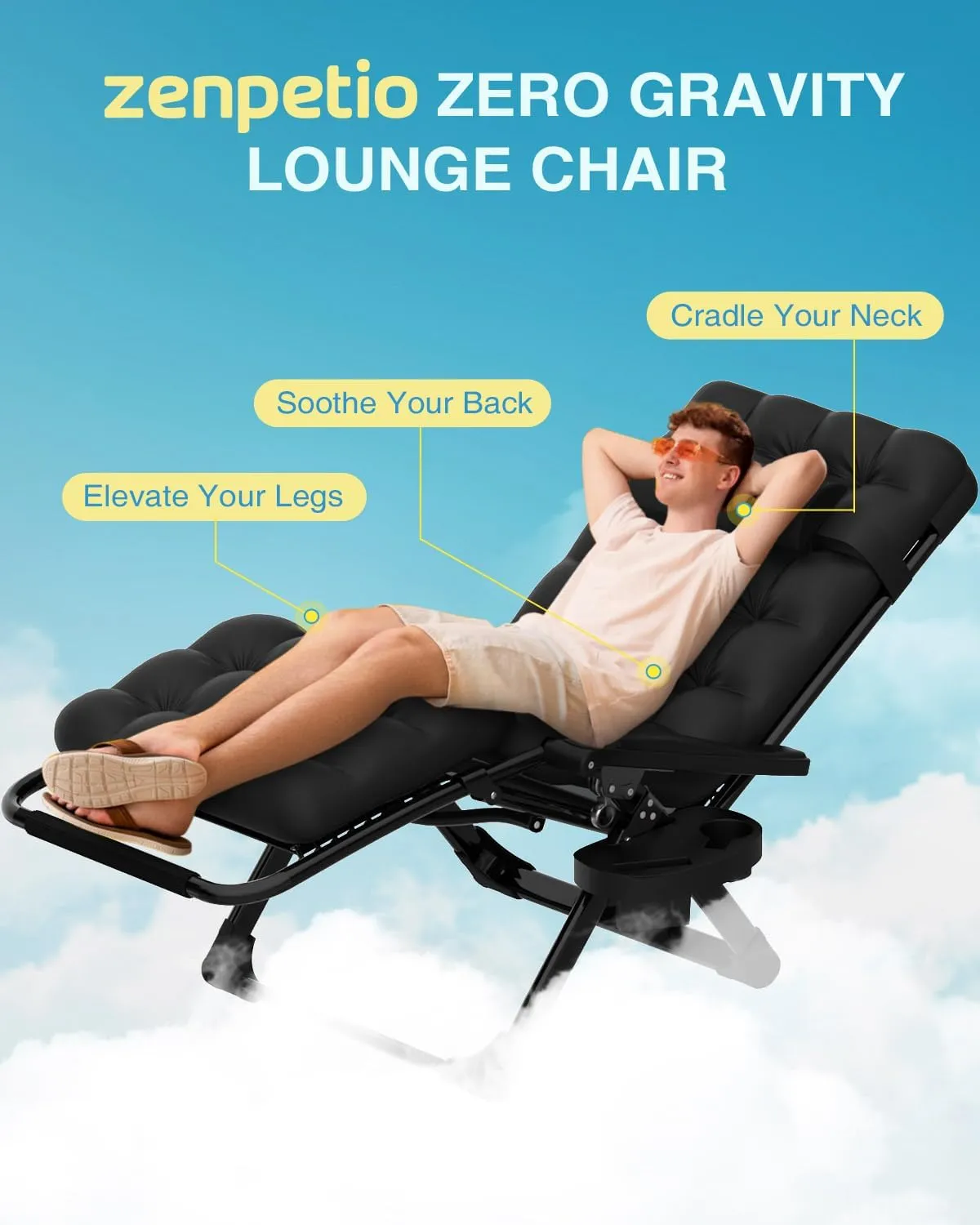 ZENPETIO Zero Gravity Lounge Chair, Foldable Outdoor Recliner with Detachable Cushion, Portable Anti Gravity Lounger for Camping, Patio, Poolside, Lawn - Black