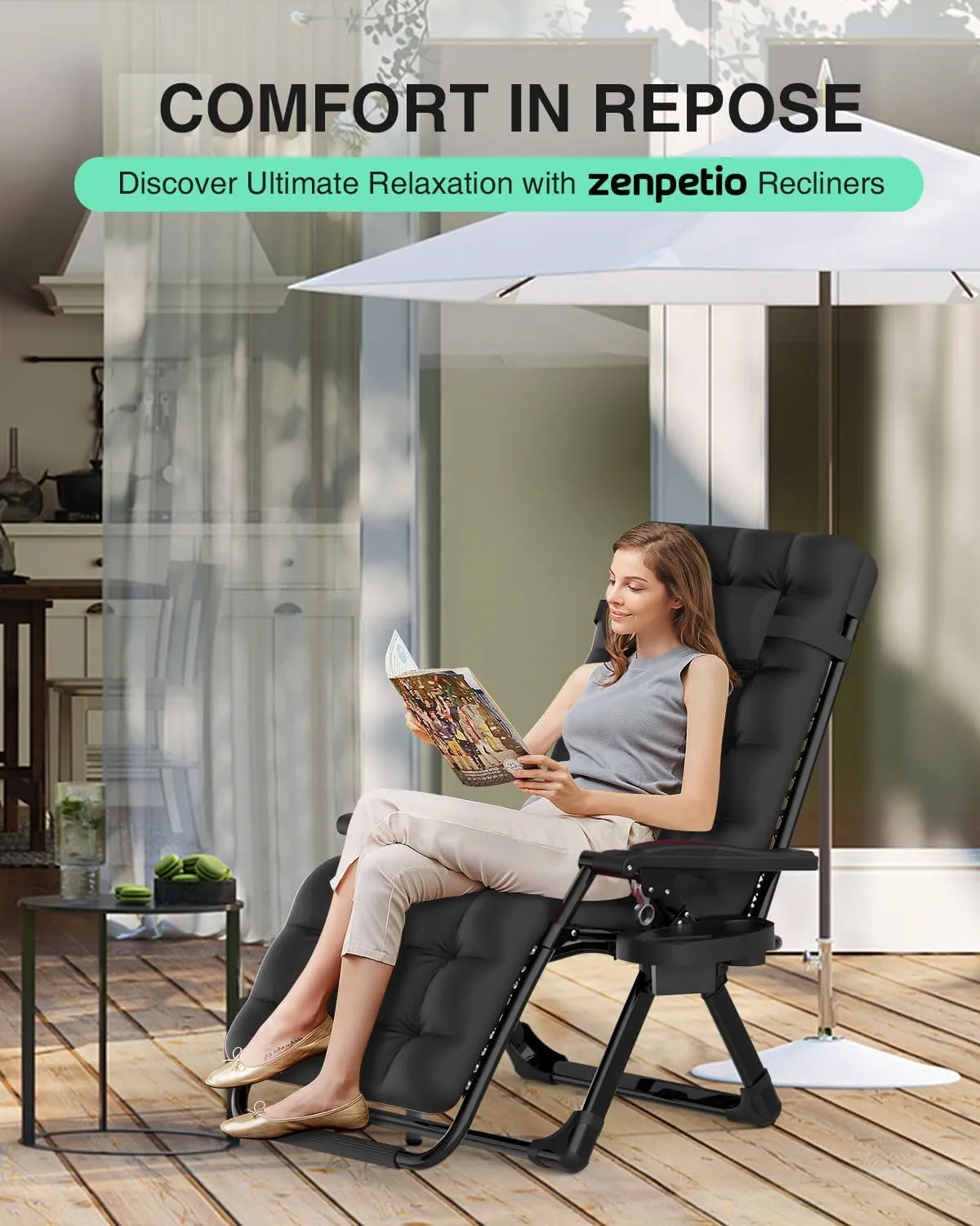 ZENPETIO Zero Gravity Lounge Chair, Foldable Outdoor Recliner with Detachable Cushion, Portable Anti Gravity Lounger for Camping, Patio, Poolside, Lawn - Black