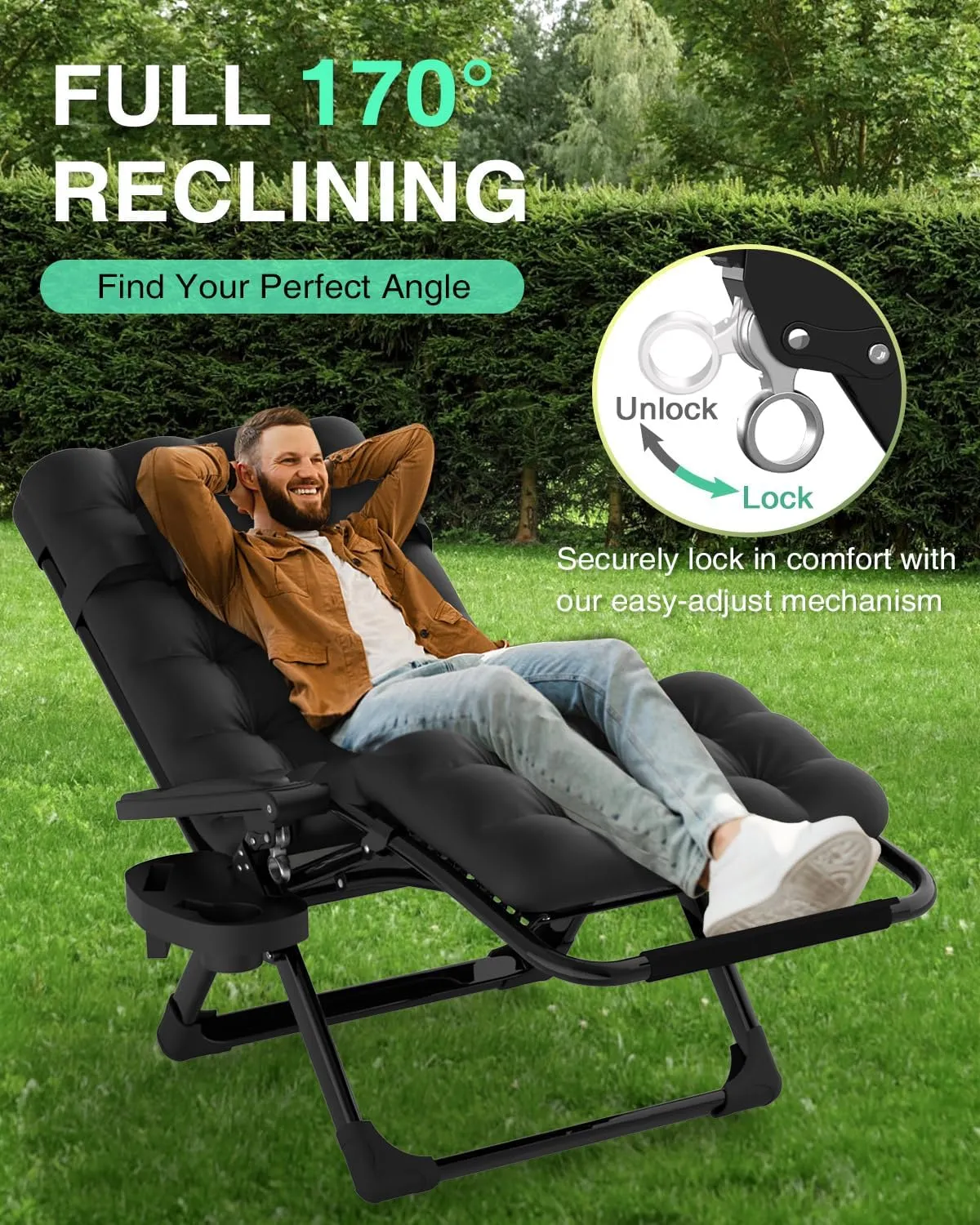 ZENPETIO Zero Gravity Lounge Chair, Foldable Outdoor Recliner with Detachable Cushion, Portable Anti Gravity Lounger for Camping, Patio, Poolside, Lawn - Black