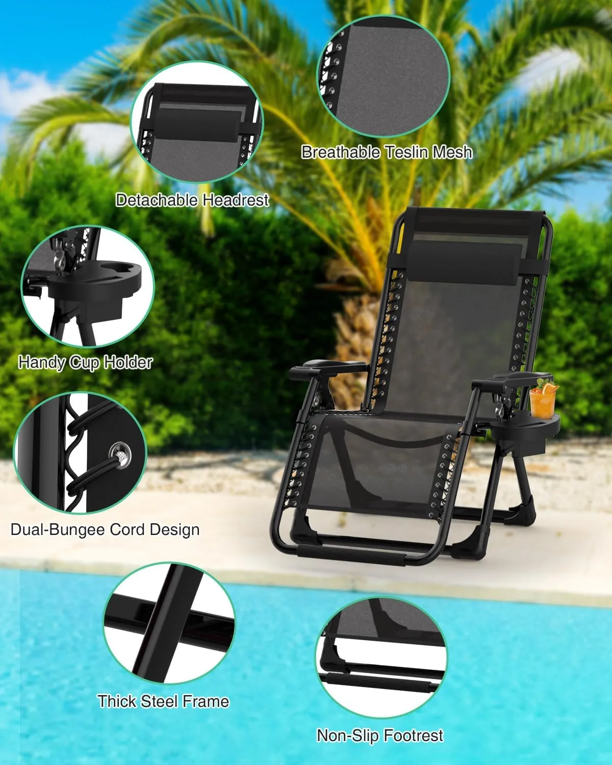 ZENPETIO Zero Gravity Lounge Chair, Foldable Outdoor Recliner with Detachable Cushion, Portable Anti Gravity Lounger for Camping, Patio, Poolside, Lawn - Black