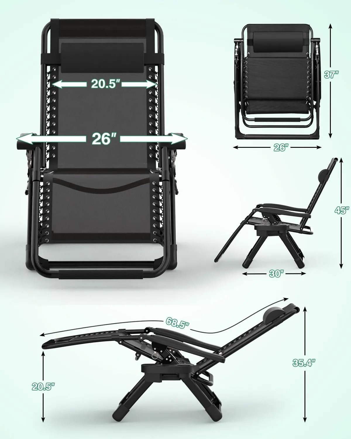 ZENPETIO Zero Gravity Lounge Chair, Foldable Outdoor Recliner with Detachable Cushion, Portable Anti Gravity Lounger for Camping, Patio, Poolside, Lawn - Black
